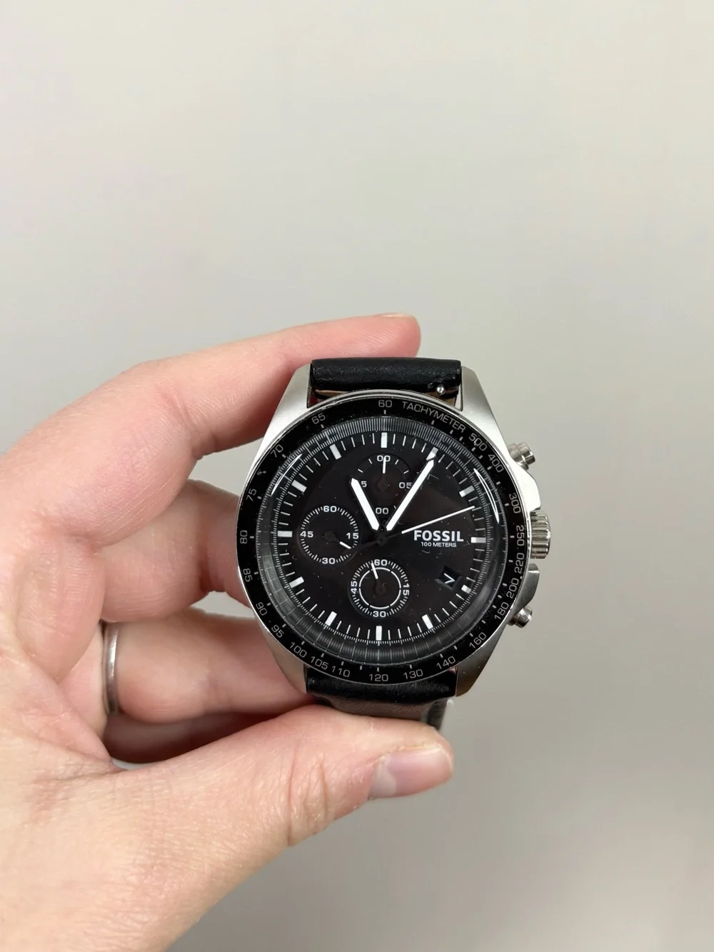 Fossil Men's Decker Chronograph Watch black dial matching black leather band